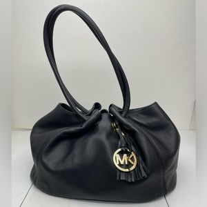 MICHAEL KORS BLACK PEBBLE LEATHER SHOULDER HOBO BAG TASSLE, GOLD GROMMETS LARGE